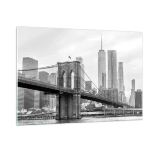 Quadro su vetro - Foto in bianco e nero di un ponte e di un paesaggio urbano - 120x80cm - Atmosfera di New York - Decorazione murale moderna per soggiorno e camera da letto ARTTOR