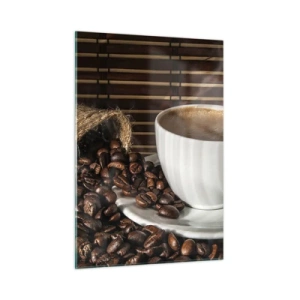 Quadro su vetro - Una tazza di caffè con chicchi su uno sfondo rustico - 50x70cm - Nero del carbone, trasparenza dell'ambra - Decorazione murale moderna per soggiorno e camera da letto ARTTOR