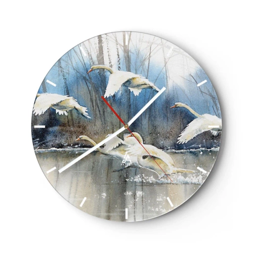 Orologio da parete - Orologio in Vetro - Cigni che volano dalla superficie del lago con la foresta sullo sfondo - 30x30cm - Come la favola dei cigni selvatici - Decorazione murale moderna per soggiorno, cucina e camera da letto ARTTOR