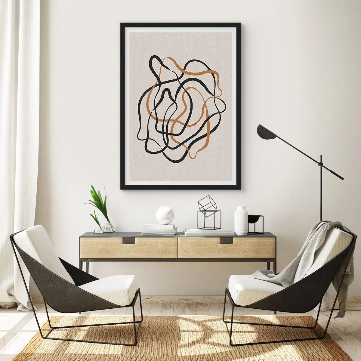 Poster in cornice nera - Linee astratte aggrovigliate in nero e oro su beige - 50x70cm - Tutto è andato storto - Decorazione murale moderna per soggiorno e camera da letto ARTTOR