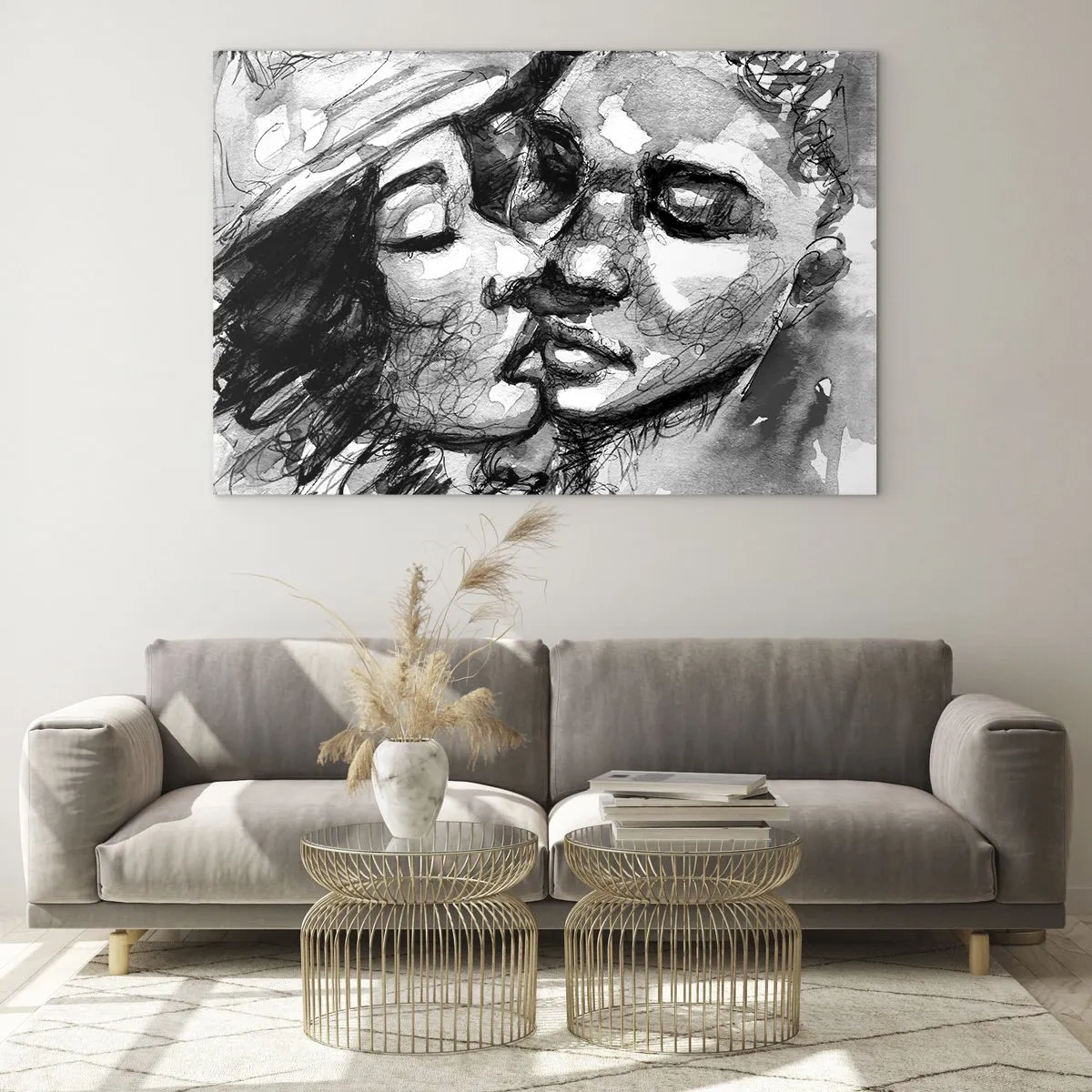 Quadro su vetro - Schizzo in bianco e nero di un tenero bacio - 70x50cm - Un attimo di tenerezza - Decorazione murale moderna per soggiorno e camera da letto ARTTOR