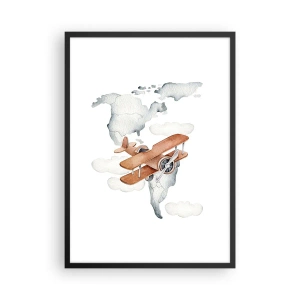 Poster in cornice nera - Un biplano sopra una mappa del mondo tra le nuvole - 50x70cm - Nello spirito dei pionieri - Decorazione murale moderna per soggiorno e camera da letto ARTTOR
