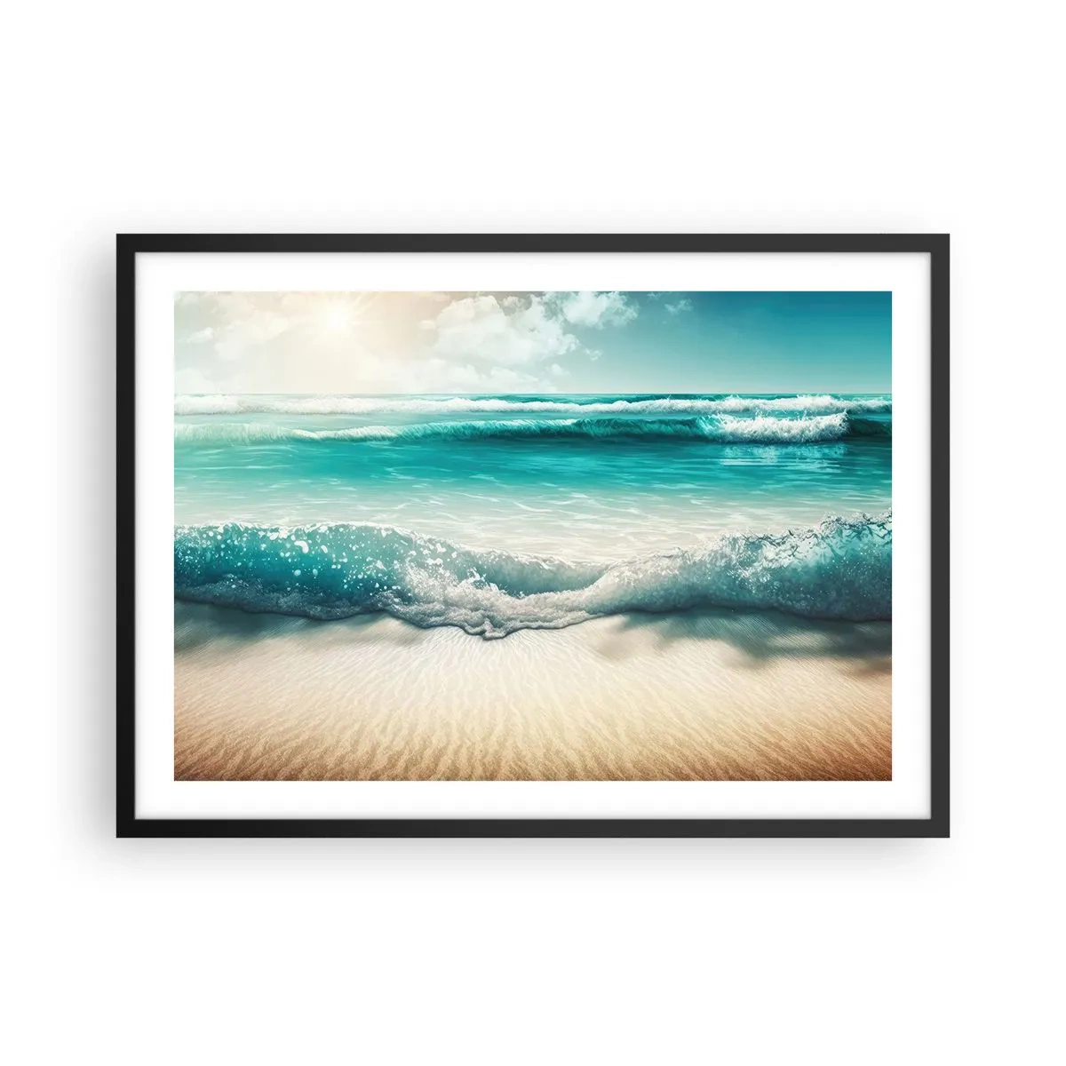Poster in cornice nera - Onde dell'oceano su una spiaggia di sabbia chiara - 70x50cm - La calma dell'oceano - Decorazione murale moderna per soggiorno e camera da letto ARTTOR