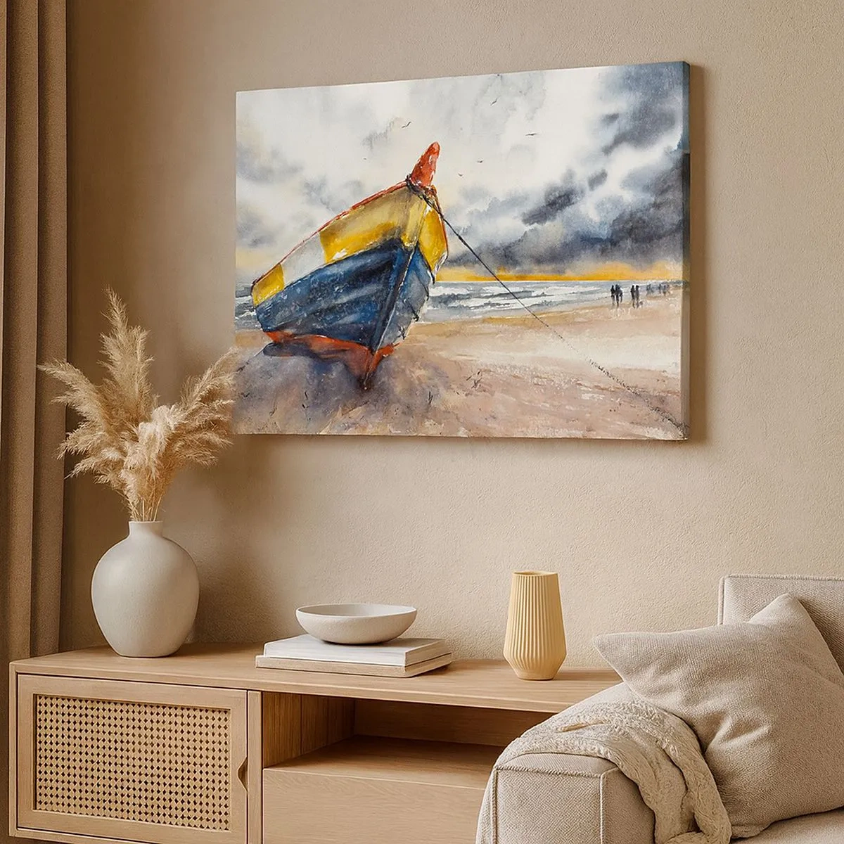 Quadro su tela - Stampe su Tela - Una pittoresca barca sulla spiaggia sotto un cielo nuvoloso - 70x50cm - Riposo sulla riva - Decorazione murale moderna per soggiorno e camera da letto ARTTOR
