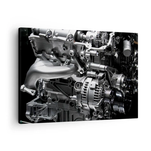 Quadro su tela - Stampe su Tela - Primo piano delle parti metalliche del motore su uno sfondo nero - 70x50cm - D'acciaio, bello, forte - Decorazione murale moderna per soggiorno e camera da letto ARTTOR