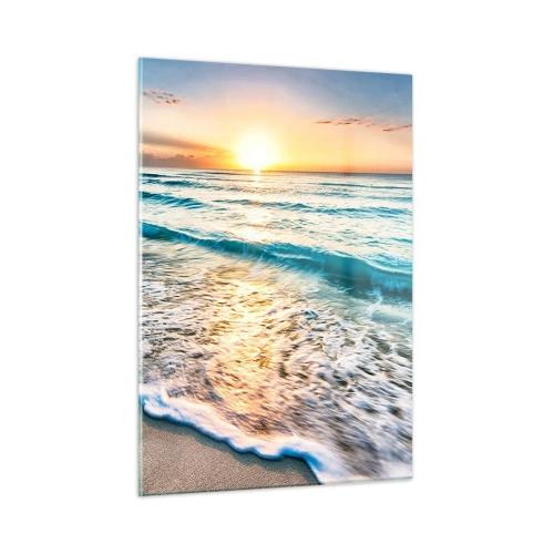 Quadro su vetro - Spiaggia al mattino con onde e alba - 50x70cm - Tramonto sul mare - Decorazione murale moderna per soggiorno e camera da letto ARTTOR