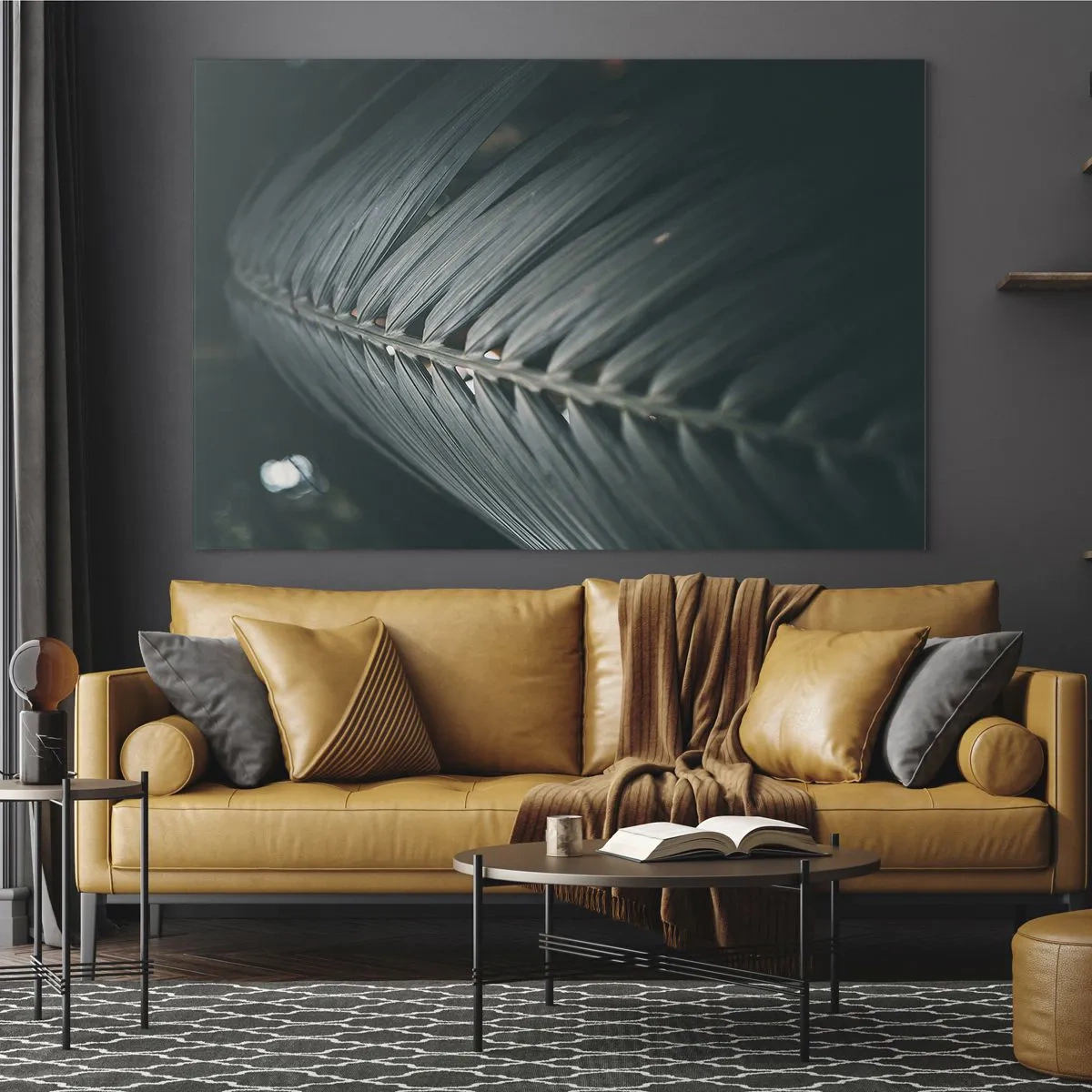 Quadro su vetro - Primo piano di una foglia di palma verde scuro con riflesso di luce - 120x80cm - La precisione della natura - Decorazione murale moderna per soggiorno e camera da letto ARTTOR