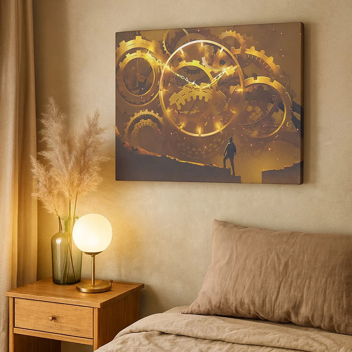 Quadro su tela - Stampe su Tela - Ingranaggi dorati in un ambiente surreale con una figura - 70x50cm - Alla fonte del tempo - Decorazione murale moderna per soggiorno e camera da letto ARTTOR