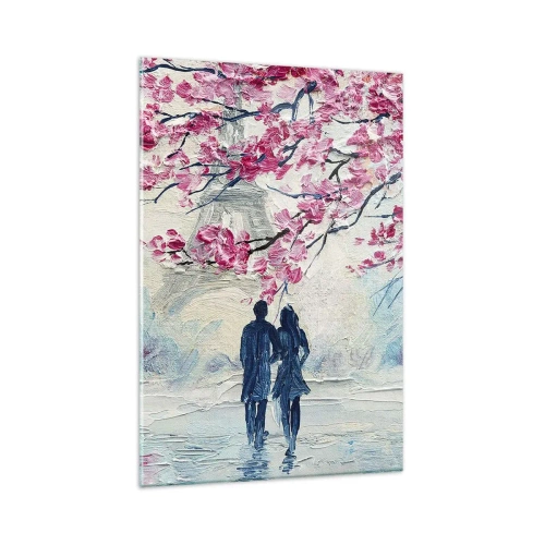 Quadro su vetro - Una coppia sotto alberi rosa in fiore in un ambiente romantico - 80x120cm - Passeggiata romantica - Decorazione murale moderna per soggiorno e camera da letto ARTTOR