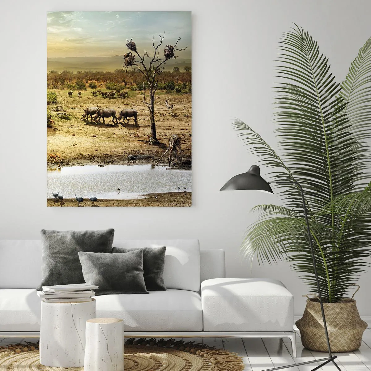 Quadro su vetro - Elefanti e animali in una pozza d'acqua sullo sfondo di un paesaggio africano - 50x70cm - "Un fiume usciva da Eden…" - Decorazione murale moderna per soggiorno e camera da letto ARTTOR