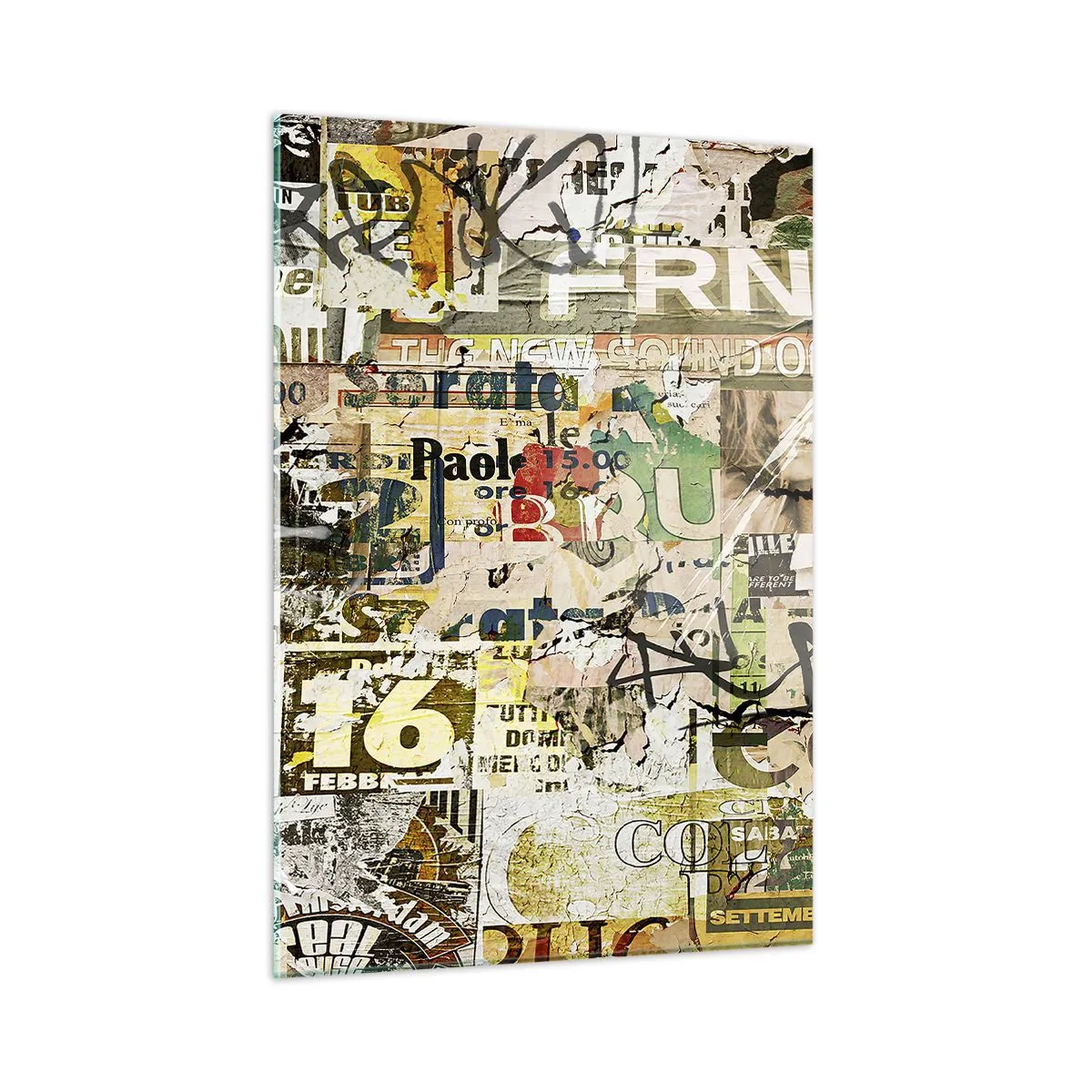 Quadro su vetro - Una composizione artistica di manifesti, iscrizioni e graffiti - 50x70cm - Qualcosa sta succedendo… - Decorazione murale moderna per soggiorno e camera da letto ARTTOR