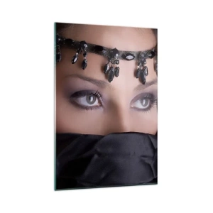 Quadro su vetro - Ritratto di una donna con gioielli decorativi su sfondo nero - 80x120cm - Misteriosa tentatrice d'oriente - Decorazione murale moderna per soggiorno e camera da letto ARTTOR