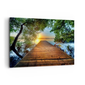 Quadro su tela - Stampe su Tela - Un molo di legno circondato dal verde durante il tramonto - 100x70cm - Non avere fretta, siediti - Decorazione murale moderna per soggiorno e camera da letto ARTTOR