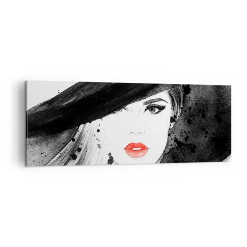 Quadro su tela - Stampe su Tela - Ritratto di una donna con un cappello e labbra rosse - 140x50cm - Donna in nero - Decorazione murale moderna per soggiorno e camera da letto ARTTOR