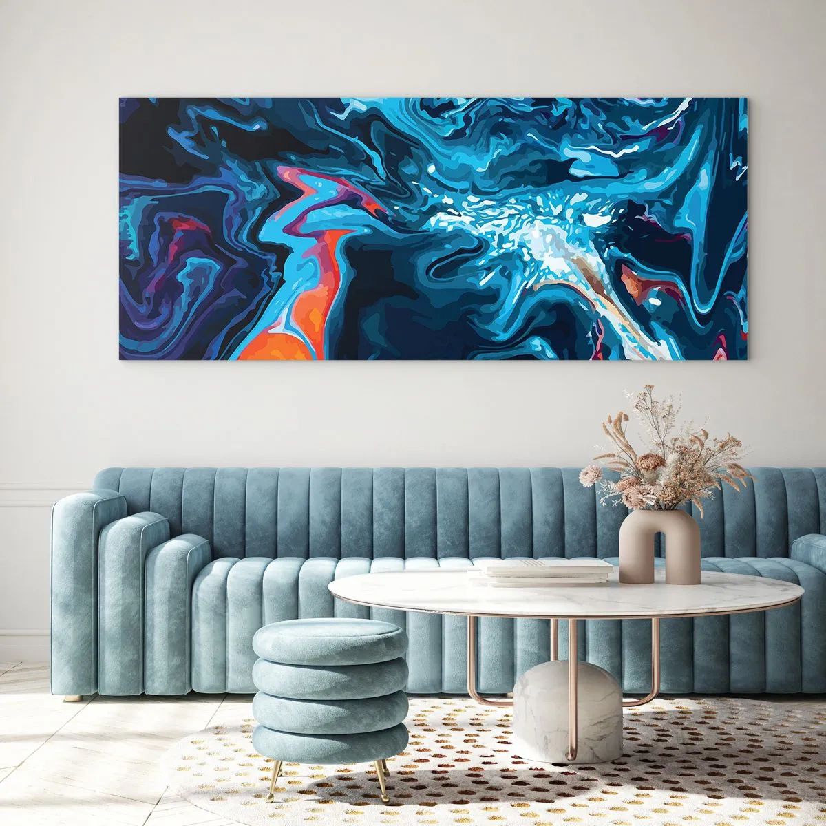 Quadro su vetro - Un motivo astratto nelle tonalità del blu con accenti arancioni. - 140x50cm - Viaggio al centro del cielo - Decorazione murale moderna per soggiorno e camera da letto ARTTOR