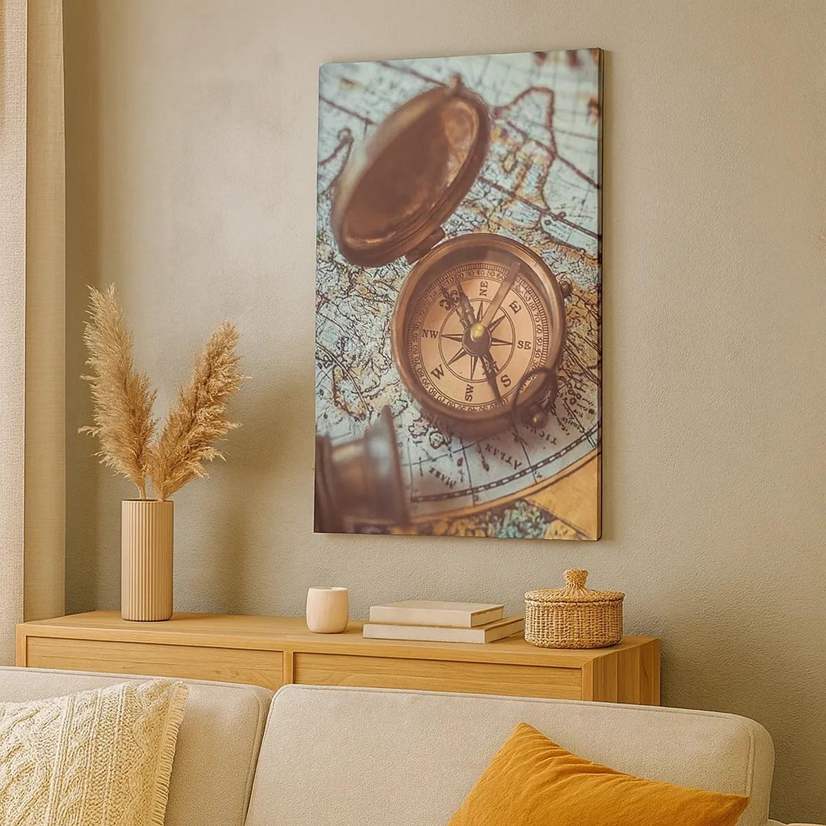 Quadro su tela - Stampe su Tela - Composizione con bussola, chiavi e una vecchia mappa in stile retrò - 50x70cm - Per il cercatore di avventure - Decorazione murale moderna per soggiorno e camera da letto ARTTOR