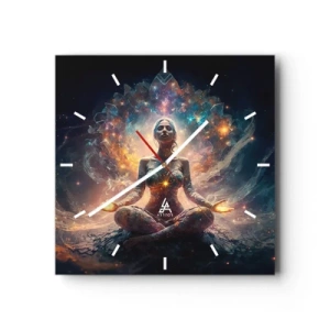 Orologio da parete - Orologio in Vetro - Una figura in meditazione circondata da motivi e colori energetici. - 30x30cm - Un flusso di energia buona - Decorazione murale moderna per soggiorno e camera da letto ARTTOR