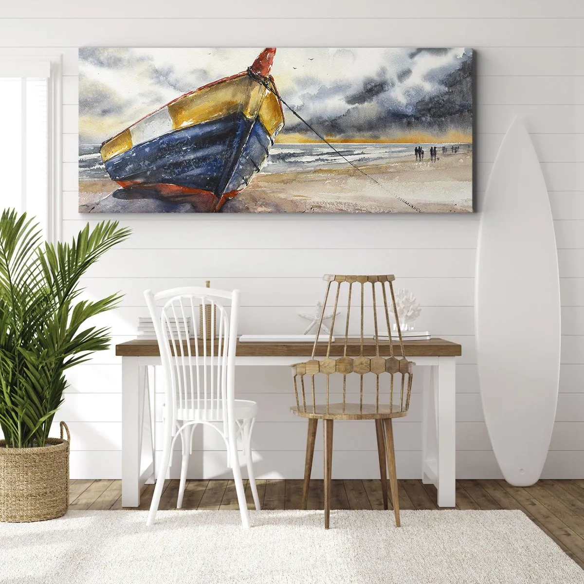 Quadro su tela - Stampe su Tela - Una pittoresca barca sulla spiaggia sotto un cielo nuvoloso - 160x50cm - Riposo sulla riva - Decorazione murale moderna per soggiorno e camera da letto ARTTOR