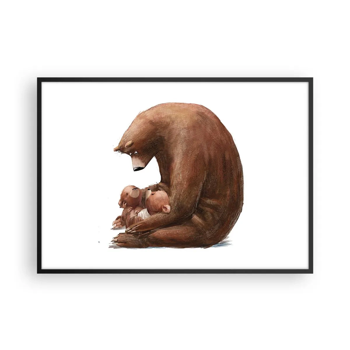 Poster in cornice nera - Un'orsa madre con due orsetti in braccio - 100x70cm - Sogni d'oro, bambini - Decorazione murale moderna per soggiorno e camera da letto ARTTOR
