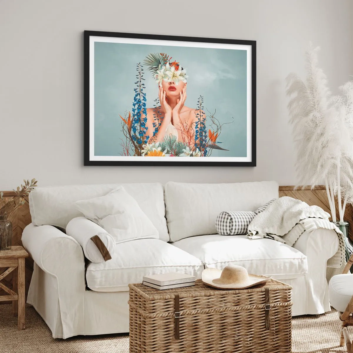 Poster in cornice nera - Ritratto di donna con motivo floreale su sfondo blu - 70x50cm - Donna - fiore - Decorazione murale moderna per soggiorno e camera da letto ARTTOR