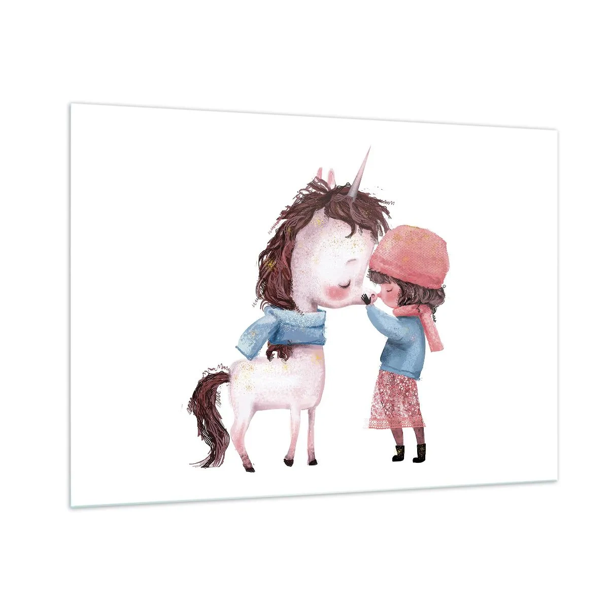 Quadro su vetro - Una ragazza e un unicorno in uno scenario invernale - 100x70cm - Racconto d'inverno - Decorazione murale moderna per soggiorno e camera da letto ARTTOR