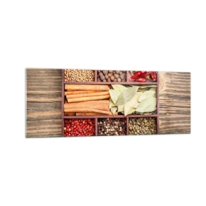 Quadro su vetro - Scatola di legno con varie spezie in scomparti - 140x50cm - Ordine delle forme, bouquet degli aromi - Decorazione murale moderna per soggiorno e camera da letto ARTTOR