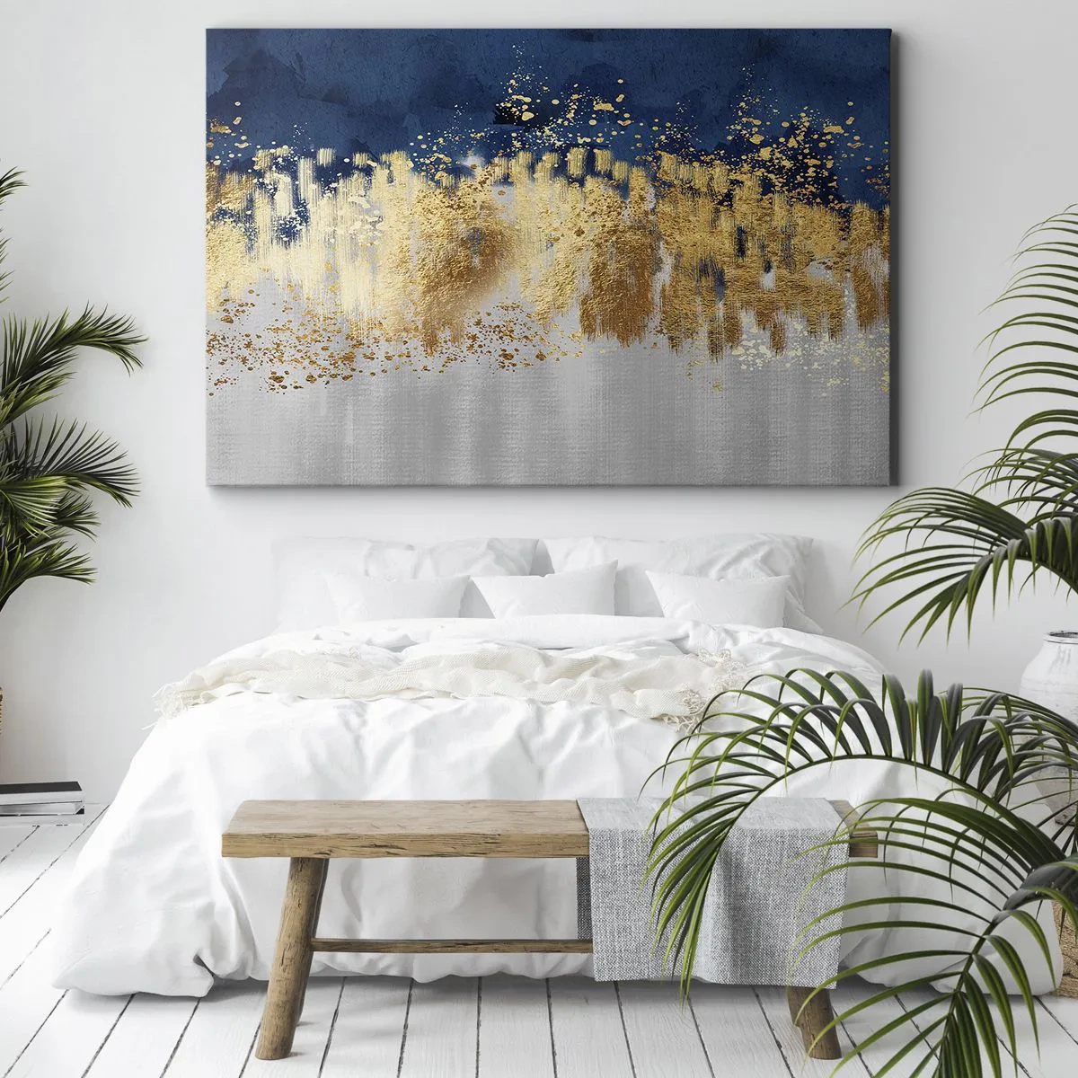 Quadro su tela - Stampe su Tela - Una composizione astratta nei toni dell'oro e del blu navy. - 70x50cm - Composizione moderna con bagliore - Decorazione murale moderna per soggiorno e camera da letto ARTTOR