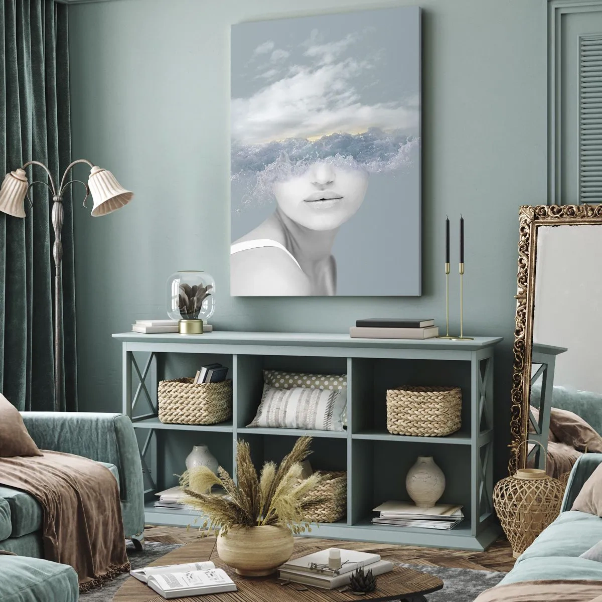 Quadro su tela - Stampe su Tela - Ritratto di una donna con il viso nascosto dietro nuvole e onde - 50x70cm - Con la testa tra le nuvole - Decorazione murale moderna per soggiorno e camera da letto ARTTOR