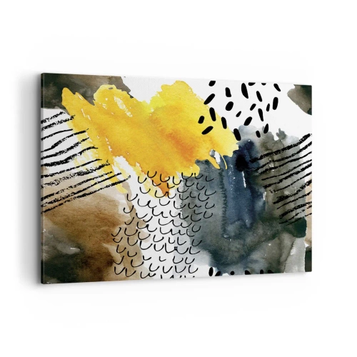 Quadro su tela - Stampe su Tela - Una composizione astratta con accenti gialli e motivi grafici. - 120x80cm - L'incontro degli elementi - Decorazione murale moderna per soggiorno e camera da letto ARTTOR