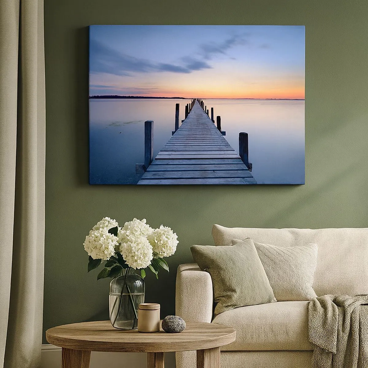 Quadro su tela - Stampe su Tela - Molo di legno sul lago al tramonto - 70x50cm - La calma di un dolce tramonto - Decorazione murale moderna per soggiorno e camera da letto ARTTOR