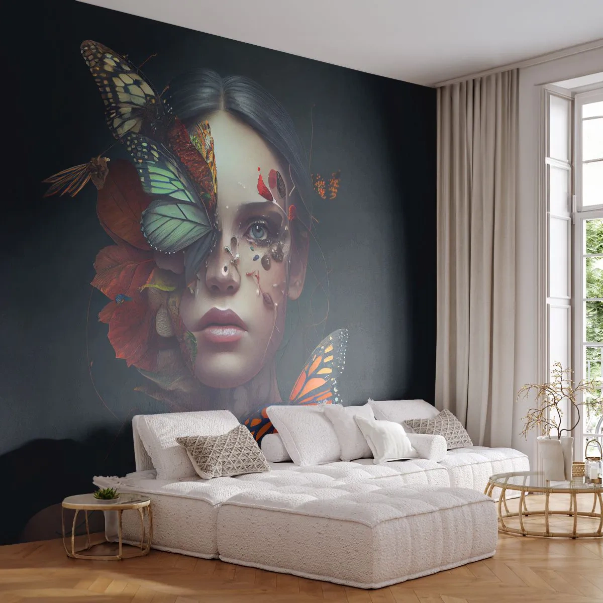 Fotomurali Autoadesivo Deluxe Sticker - Metamorfosi fantastica - Farfalle, Viso, Donna - 450x315 cm