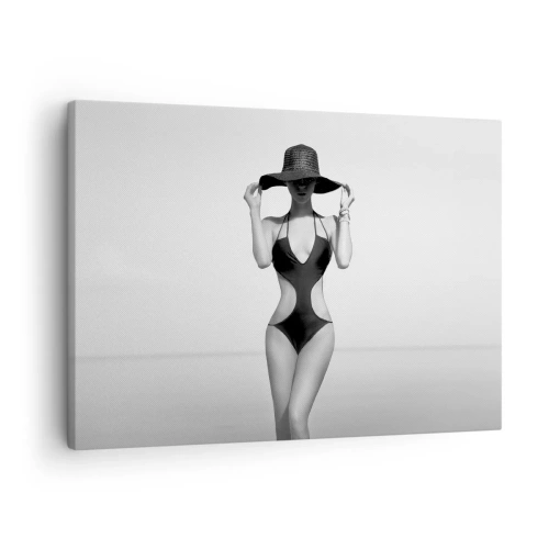 Quadro su tela - Stampe su Tela - Silhouette in bianco e nero di una donna con un cappello sullo sfondo del mare - 70x50cm - Il mio nome è Eleganza - Decorazione murale moderna per soggiorno e camera da letto ARTTOR