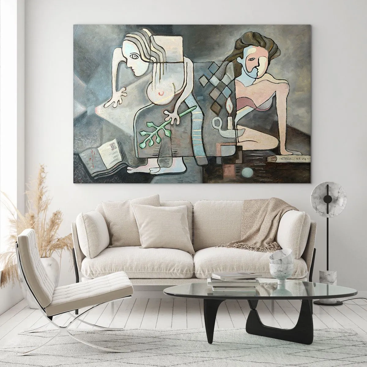 Quadro su vetro - Una scena astratta con due figure in stile cubista. - 70x50cm - Mosaico di spirito e materia - Decorazione murale moderna per soggiorno e camera da letto ARTTOR