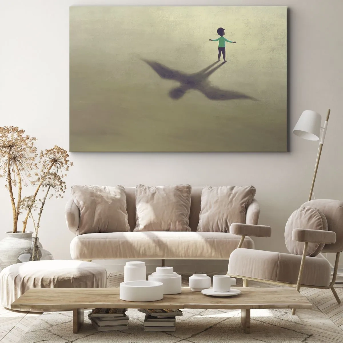Quadro su tela - Stampe su Tela - Una figura simbolica di un bambino con l'ombra di un uccello su uno sfondo dalle tonalità calde. - 120x80cm - Eroe del futuro - Decorazione murale moderna per soggiorno e camera da letto ARTTOR