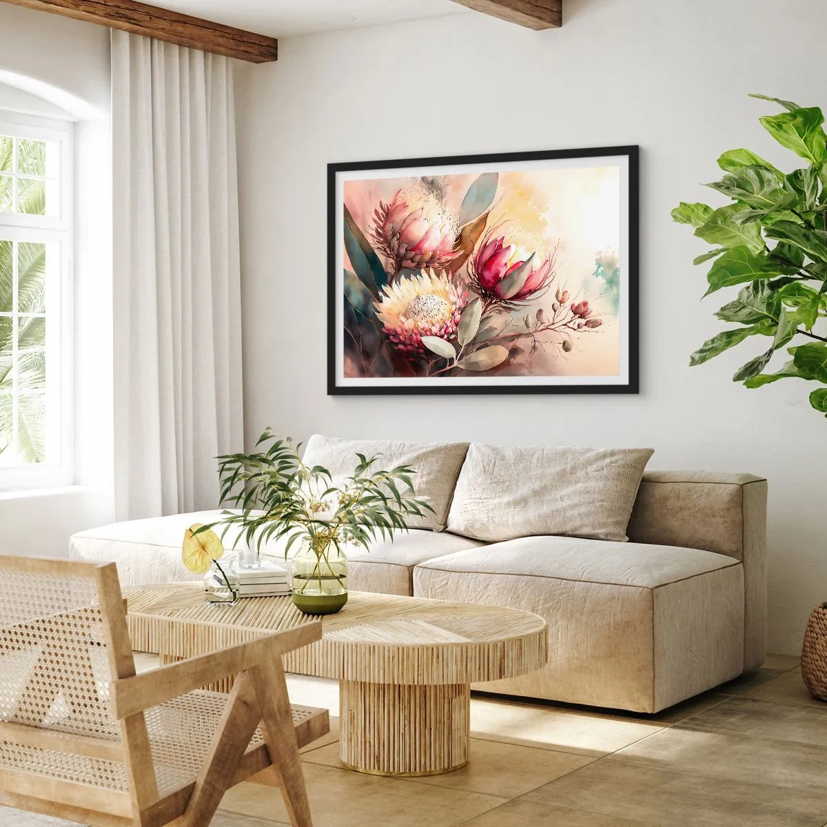 Poster in cornice nera - Fiori di protea in delicate tonalità pastello - 100x70cm - Di profilo e di fronte - Decorazione murale moderna per soggiorno e camera da letto ARTTOR