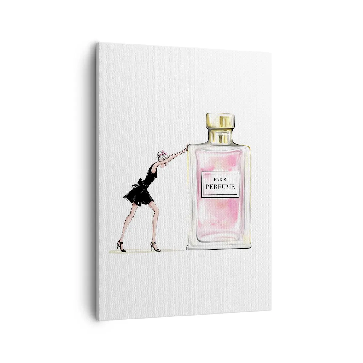 Quadro su tela - Stampe su Tela - Una donna in abito nero accanto a una bottiglia di profumo - 50x70cm - L'essenza della femminilità - Decorazione murale moderna per soggiorno e camera da letto ARTTOR