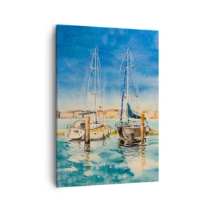 Quadro su tela - Stampe su Tela - Marina con barche sullo sfondo di una laguna blu - 50x70cm - La laguna assolata - Decorazione murale moderna per soggiorno e camera da letto ARTTOR