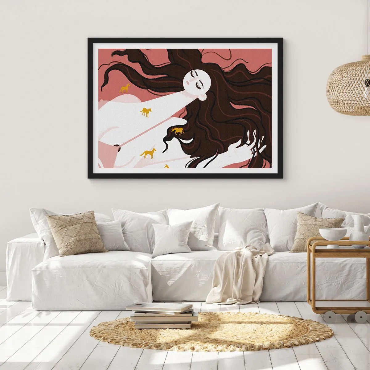 Poster in cornice nera - Una figura con gli occhi chiusi circondata da cavalli dorati - 70x50cm - Il sogno del cavallo d'oro - Decorazione murale moderna per soggiorno e camera da letto ARTTOR
