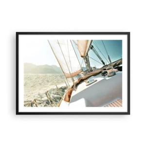 Poster in cornice nera - Uno yacht in mare aperto con vista sulle montagne - 70x50cm - A vele spiegate - Decorazione murale moderna per soggiorno e camera da letto ARTTOR