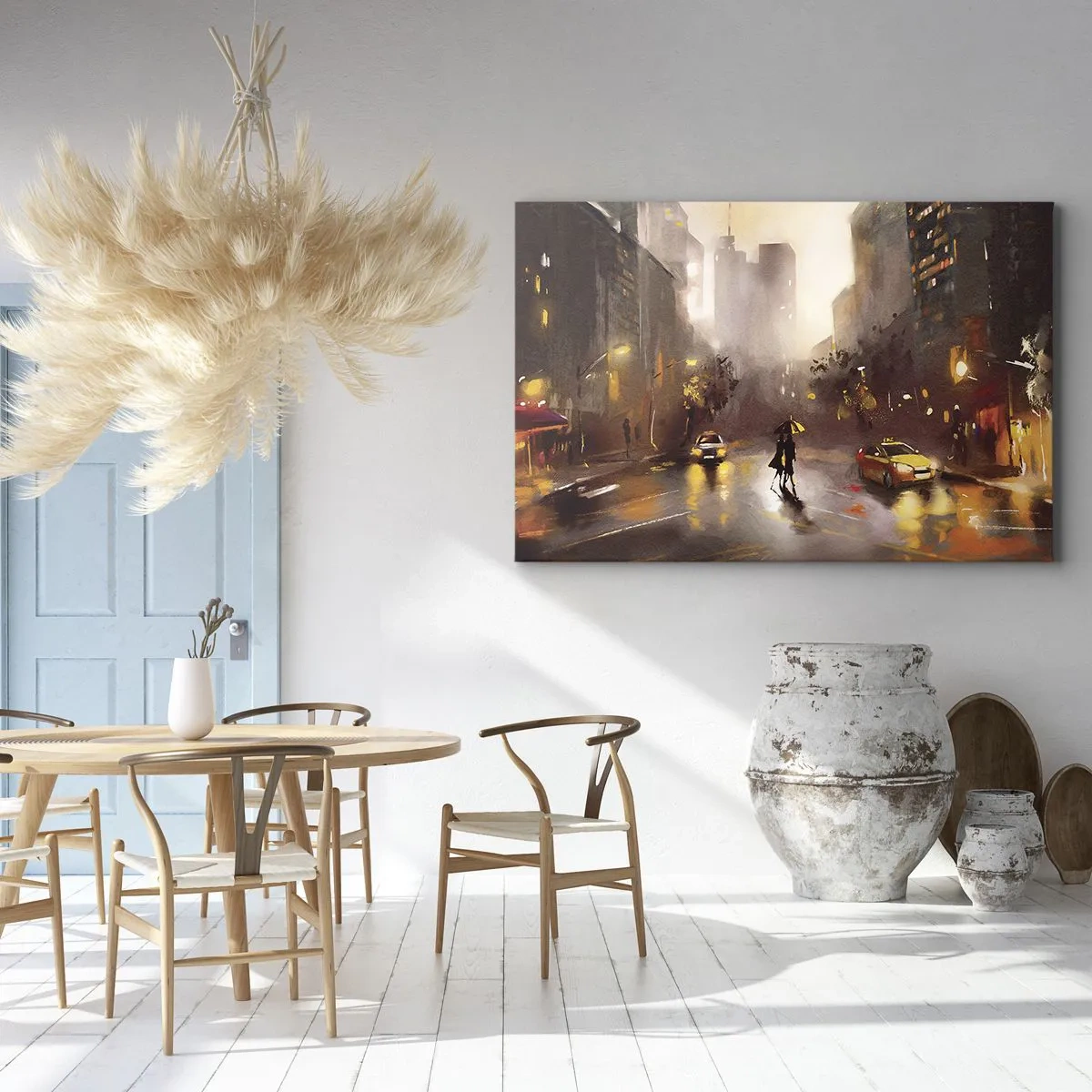 Quadro su tela - Stampe su Tela - Una scena urbana notturna alla luce dei lampioni e dei riflessi su una strada bagnata. - 70x50cm - Nelle luci di New York - Decorazione murale moderna per soggiorno e camera da letto ARTTOR