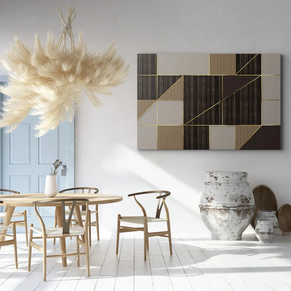 Quadro su tela - Stampe su Tela - Motivi geometrici nei toni del marrone con linee dorate - 100x70cm - Mosaico di marrone e oro - Decorazione murale moderna per soggiorno e camera da letto ARTTOR