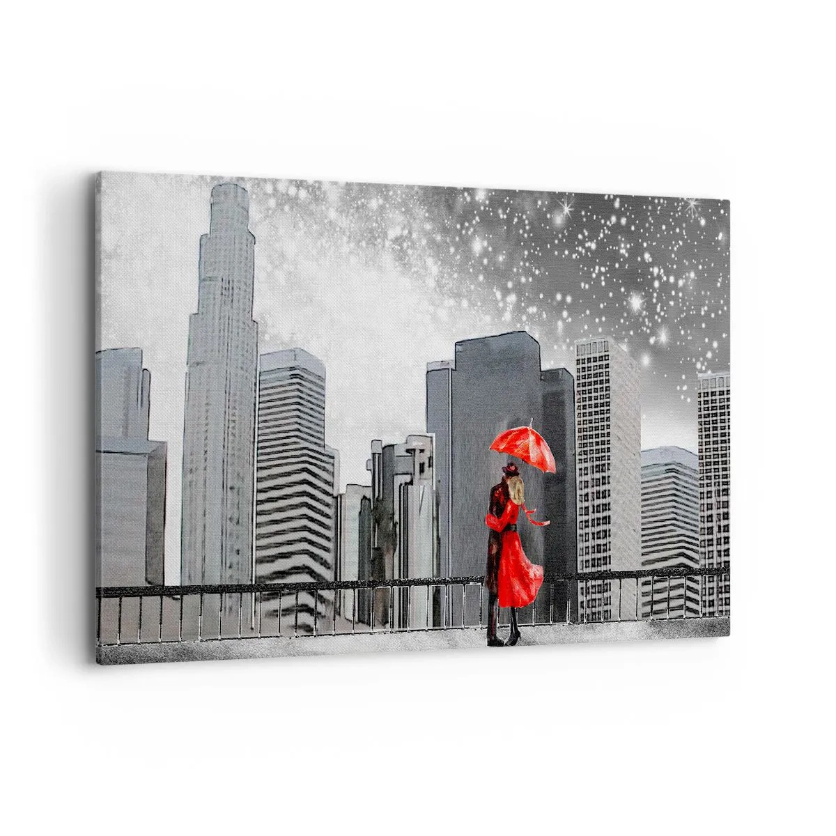 Quadro su tela - Stampe su Tela - Una coppia vestita di rosso con un ombrello sullo sfondo di un paesaggio urbano - 120x80cm - L'uomo non è di pietra - Decorazione murale moderna per soggiorno e camera da letto ARTTOR