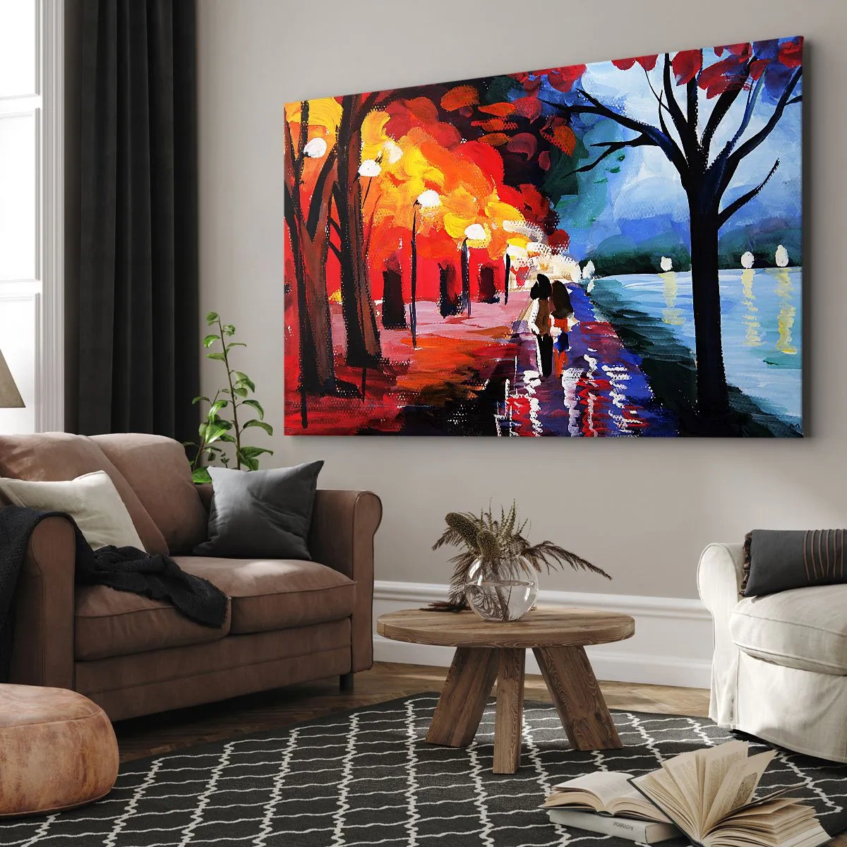 Quadro su tela - Stampe su Tela - Una passeggiata autunnale lungo il sentiero che domina l'acqua - 70x50cm - Autunno infuocato nel parco - Decorazione murale moderna per soggiorno e camera da letto ARTTOR
