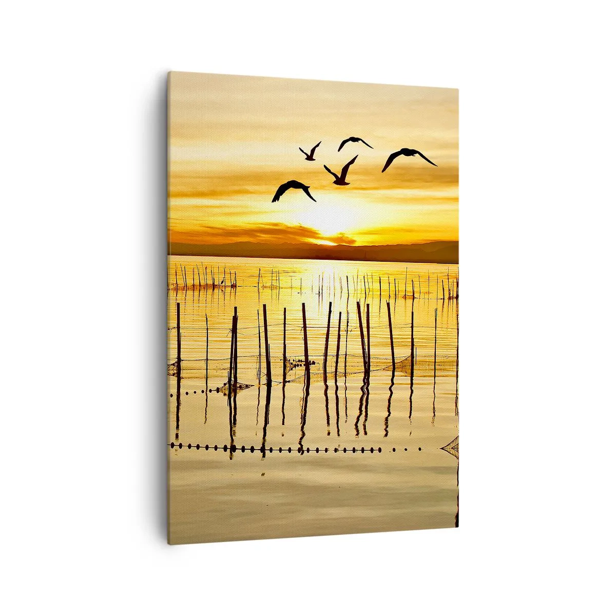 Quadro su tela - Stampe su Tela - Tramonto sull'acqua con uccelli in volo - 70x100cm - Alla pesca - Decorazione murale moderna per soggiorno e camera da letto ARTTOR