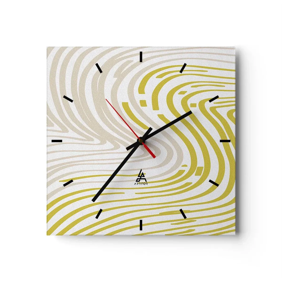 Orologio da parete - Orologio in Vetro - Un motivo astratto con linee ondulate nelle tonalità del giallo e del beige. - 30x30cm - Composizione con lieve deflessione - Decorazione murale moderna per soggiorno e camera da letto ARTTOR