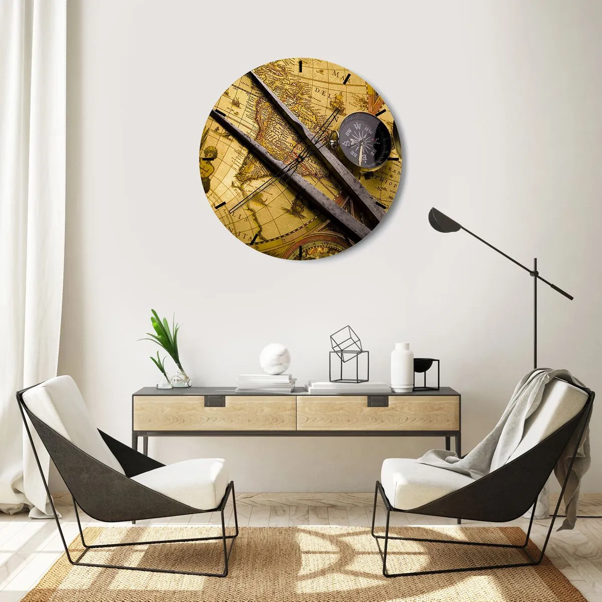 Orologio da parete - Orologio in Vetro - Mappa antica con bussola e bussola - 30x30cm - Dove sono questi tesori? - Decorazione murale moderna per soggiorno, cucina e camera da letto ARTTOR