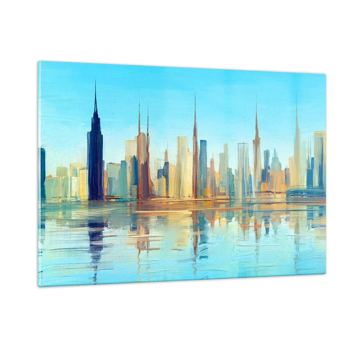 Quadro su vetro - Un panorama della metropoli riflesso nell'acqua sotto un cielo azzurro - 120x80cm - Metropoli assolata - Decorazione murale moderna per soggiorno e camera da letto ARTTOR