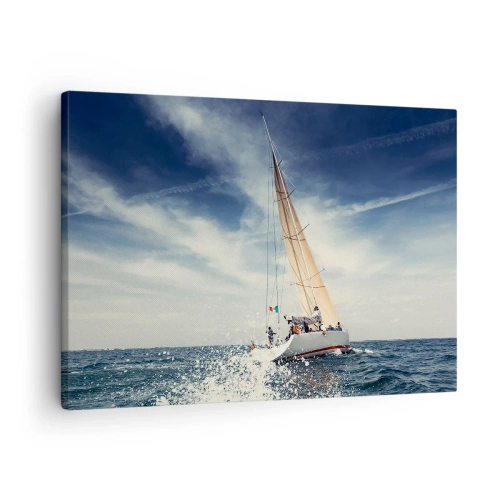 Quadro su tela - Stampe su Tela - Una barca a vela su un mare in tempesta sotto un cielo azzurro - 70x50cm - Non ci raggiungeranno! - Decorazione murale moderna per soggiorno e camera da letto ARTTOR