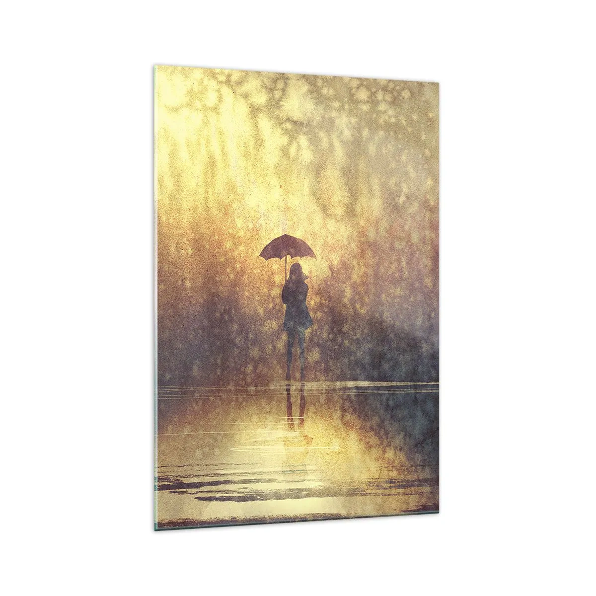 Quadro su vetro - Una figura con un ombrello in un paesaggio nebbioso pieno di riflessi - 70x100cm - Sento che qualcuno mi guarda - Decorazione murale moderna per soggiorno e camera da letto ARTTOR