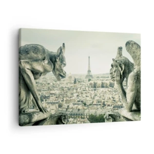 Quadro su tela - Stampe su Tela - Gargoyle che dominano lo skyline di Parigi e la Torre Eiffel - 70x50cm - Chiacchierate parigine - Decorazione murale moderna per soggiorno e camera da letto ARTTOR